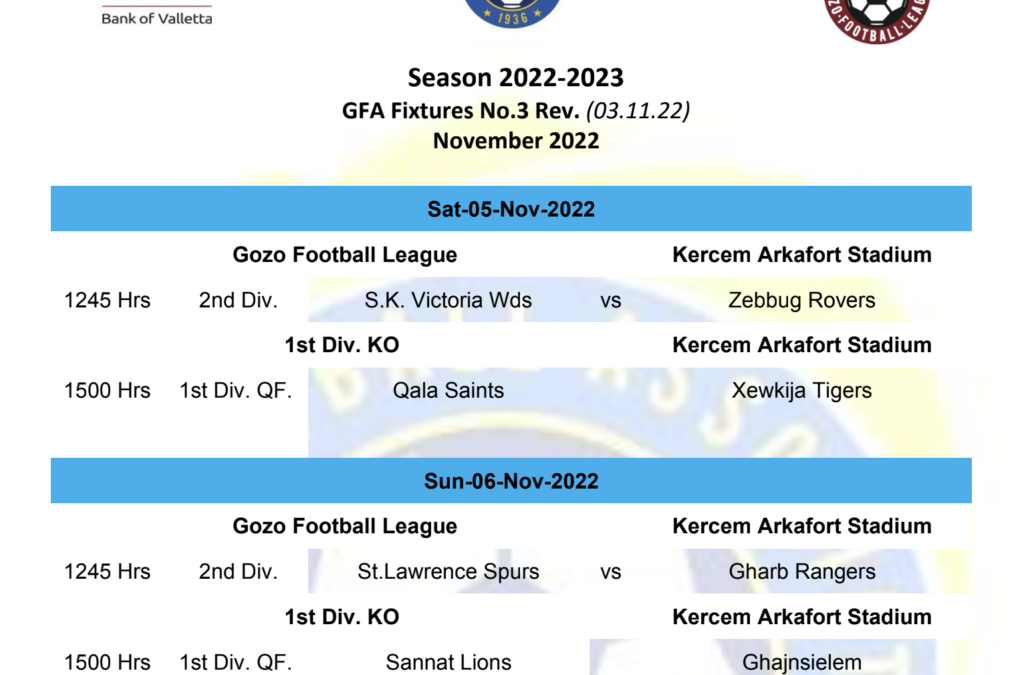 Fixtures for November Updated